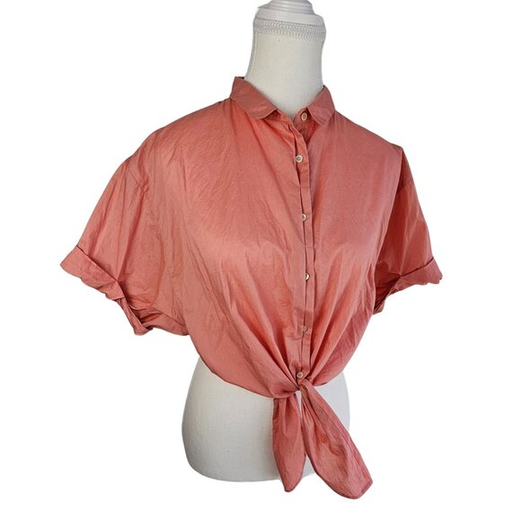 Women's Crop Top- Front tie- Button Up-Collared-Light Coral Color - Picture 9 of 16